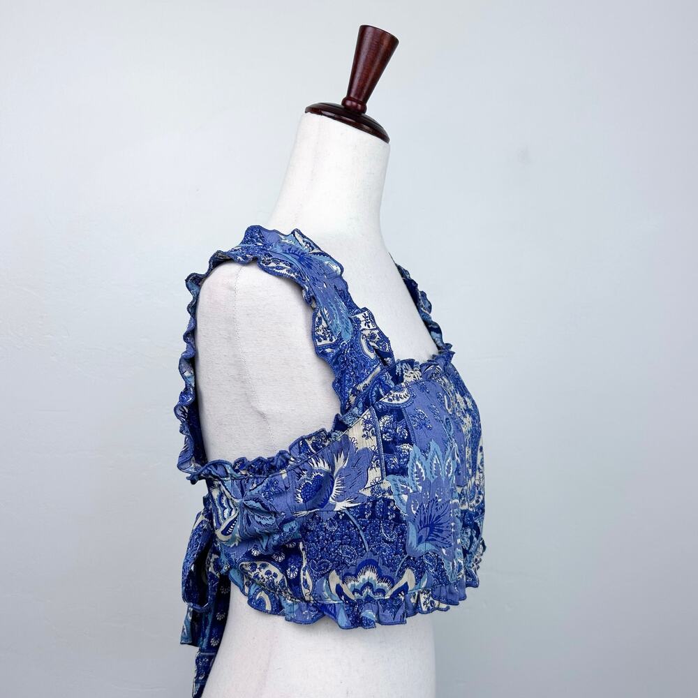 Angie LARGE Blue Bohemian '70s Patchwork Paisley Ruffle Sleeveless Crop Top NWT - Picture 2 of 6